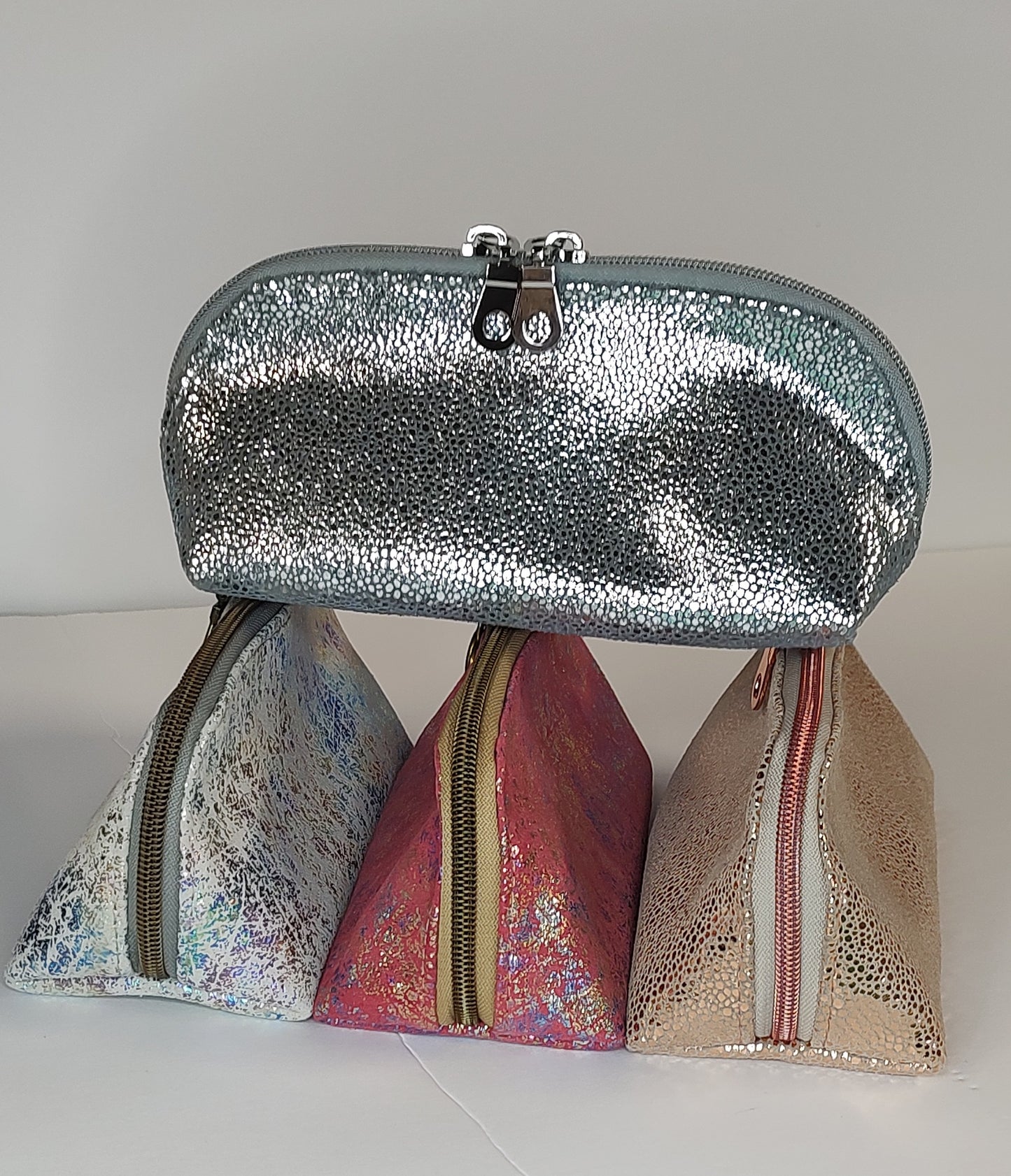 Silver suede cosmetic pouch