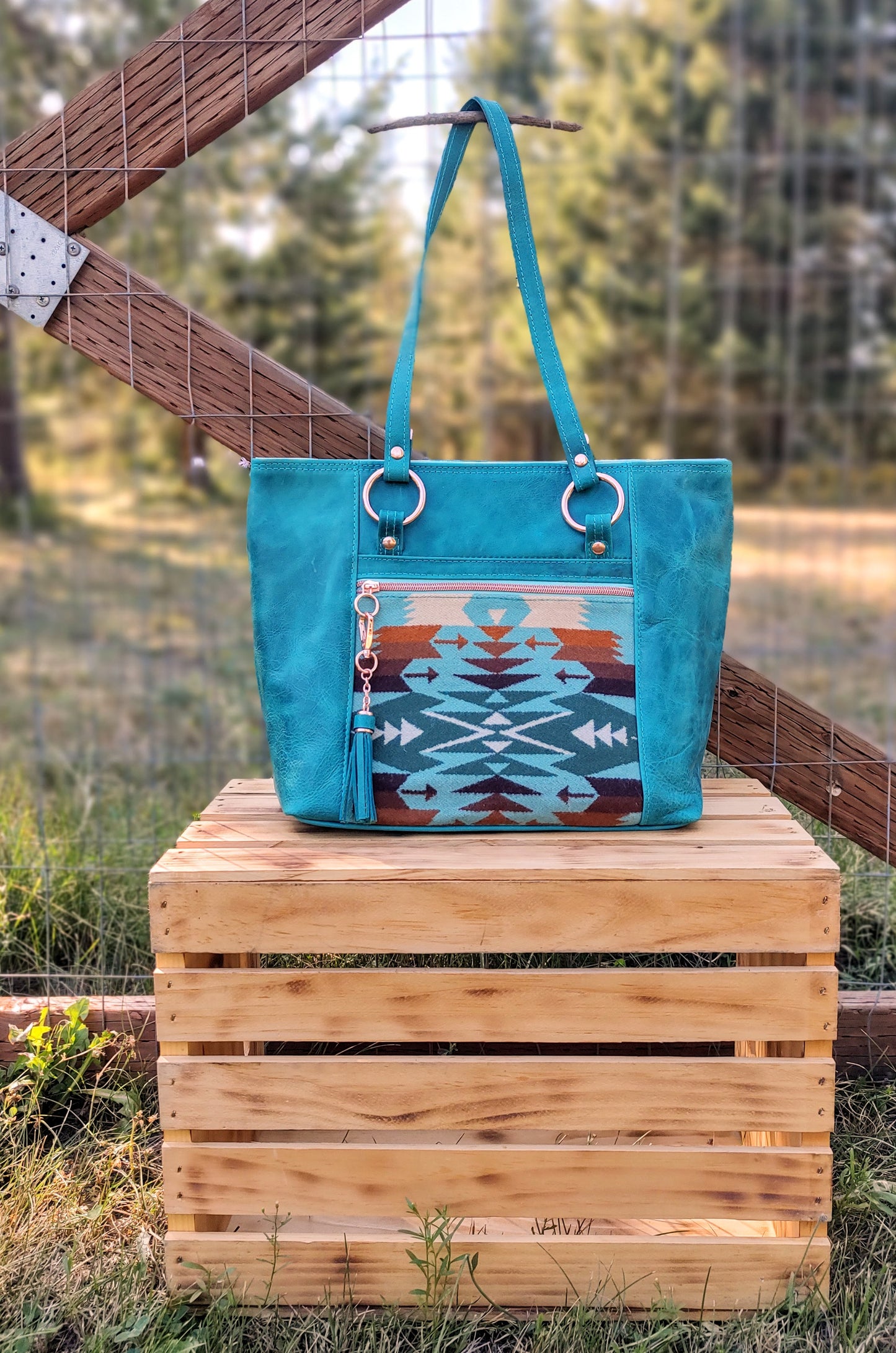 Turquoise Leather and Pendleton Tote