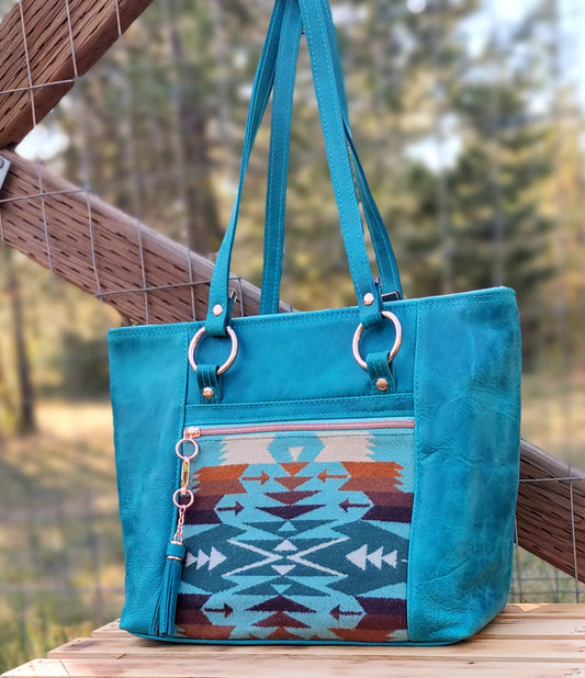 Turquoise Leather and Pendleton Tote